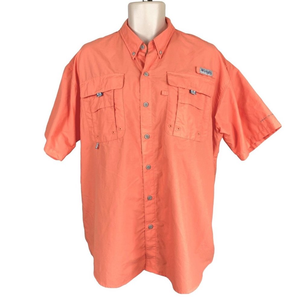 Mens Columbia PFG Sz L Orange S/S Vented Outdoor Fishing Button Front Shirt